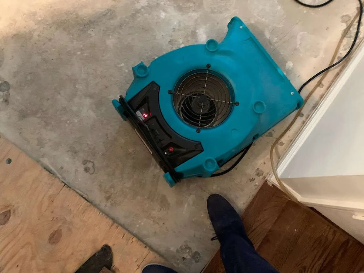 Air mover drying subfloor during Commercial Water Damage Restoration in Leesburg